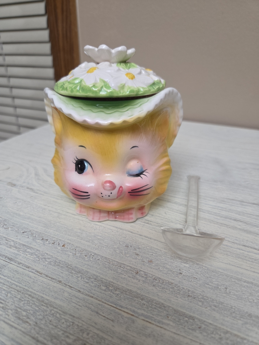 Vintage Enesco  Winking Kitty Jam Jar with Daisy Lid - Yellow & Pink